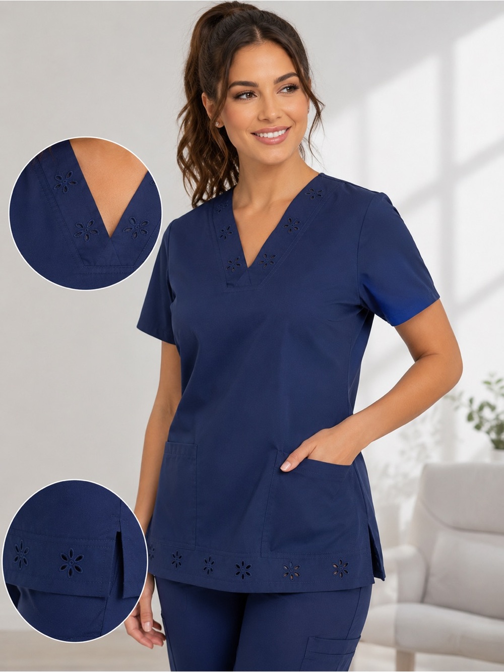 Women's Navy Short-Sleeve V-Neck Scrub Top with Eyelet Trim